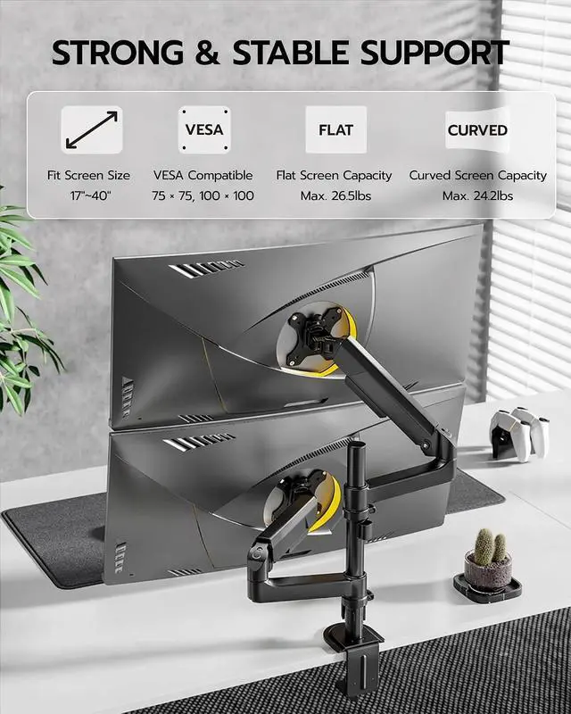 Alt view image 2 of 7 - Dual Monitor Mount - Ultrawide Monitor Arm for 40 34 32 27 Inch Heavy Duty Curved Screen Up to 26.4 lbs with Clamp/Grommet Desk Mount, 75/100 Vesa Mount, Black