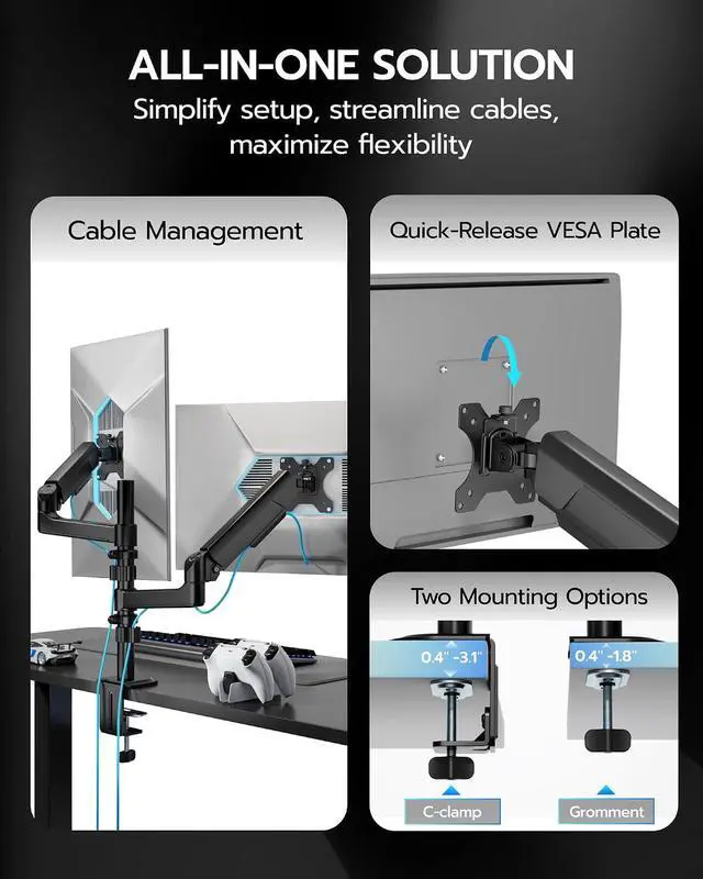 Alt view image 3 of 7 - Dual Monitor Mount - Ultrawide Monitor Arm for 40 34 32 27 Inch Heavy Duty Curved Screen Up to 26.4 lbs with Clamp/Grommet Desk Mount, 75/100 Vesa Mount, Black