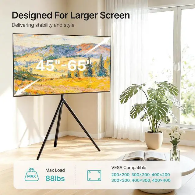 Alt view image 4 of 7 - Minimalist Easel TV Stand for 45-65 inch Screen up to 88 lbs, Swivel and Height Adjustable Tripod Stand for Insignia, Samsung, Roku TVs VESA Required Max 400 * 400 mm, Black