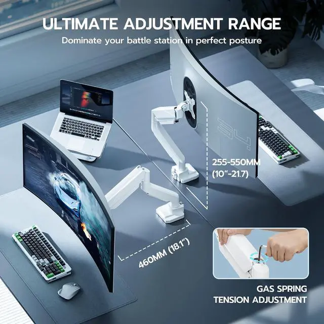 Alt view image 7 of 7 - Ultrawide Monitor Arm, Heavy Duty Single Monitor Mount for 13"-49" Curved Screens, Adjustable Stand for Desk with C-clamp & Grommet Base up to 40 LBS, White