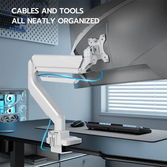 Alt view image 6 of 7 - Ultrawide Monitor Arm, Heavy Duty Single Monitor Mount for 13"-49" Curved Screens, Adjustable Stand for Desk with C-clamp & Grommet Base up to 40 LBS, White