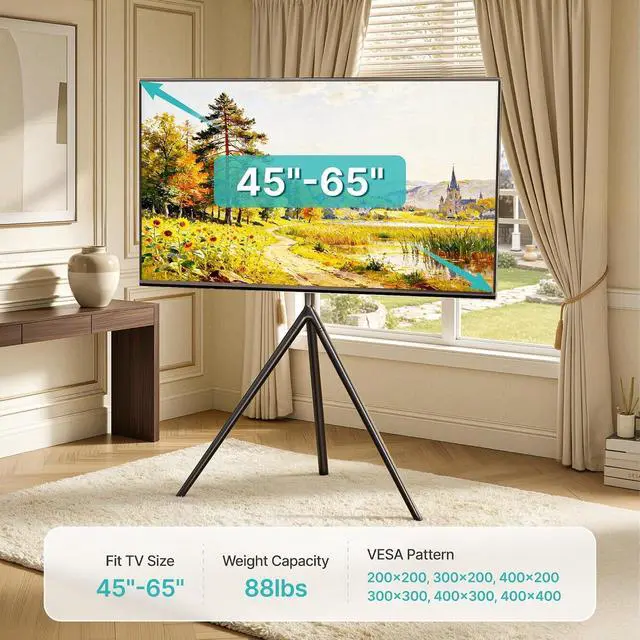 Alt view image 4 of 7 - Minimalist Easel TV Stand for 45-65 inch Screen up to 88 lbs with Shelf, Swivel and Height Adjustable Tripod Stand for Insignia, Samsung, Roku TVs VESA Required Max 400 * 400 mm, Black