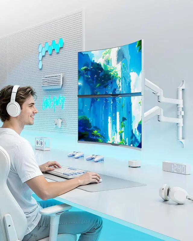 Alt view image 7 of 7 - Vertical Dual Monitor Wall Mount for 17-40 Inch Ultrawide Screens, Heavy Duty Monitor Arm Up to 26.4 lbs, Fully Adjustable Wall Mount, VESA 75x75/100x100 Compatible, White