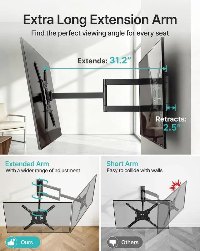 Alt view image 2 of 7 - Long Arm TV Wall Mount for 23-75 Inch TVs, 31 Inch Long Extension TV Bracket, Swivel Tilt Full Motion TV Wall Mount Fit Max VESA 400 x 400mm, Heavy Duty Up to 110lbs, Corner TV Mount