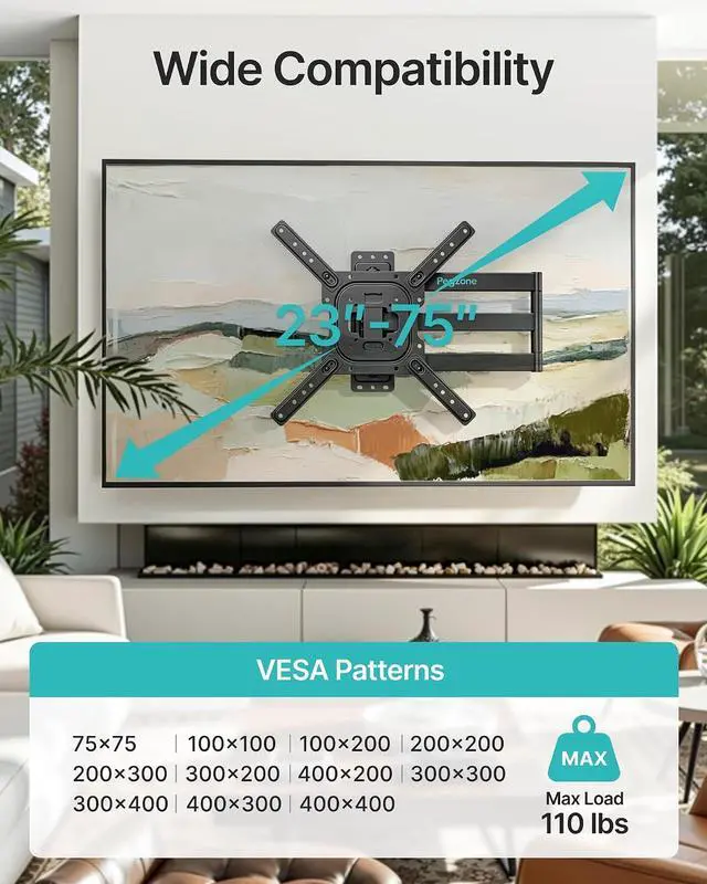 Alt view image 3 of 7 - Long Arm TV Wall Mount for 23-75 Inch TVs, 31 Inch Long Extension TV Bracket, Swivel Tilt Full Motion TV Wall Mount Fit Max VESA 400 x 400mm, Heavy Duty Up to 110lbs, Corner TV Mount