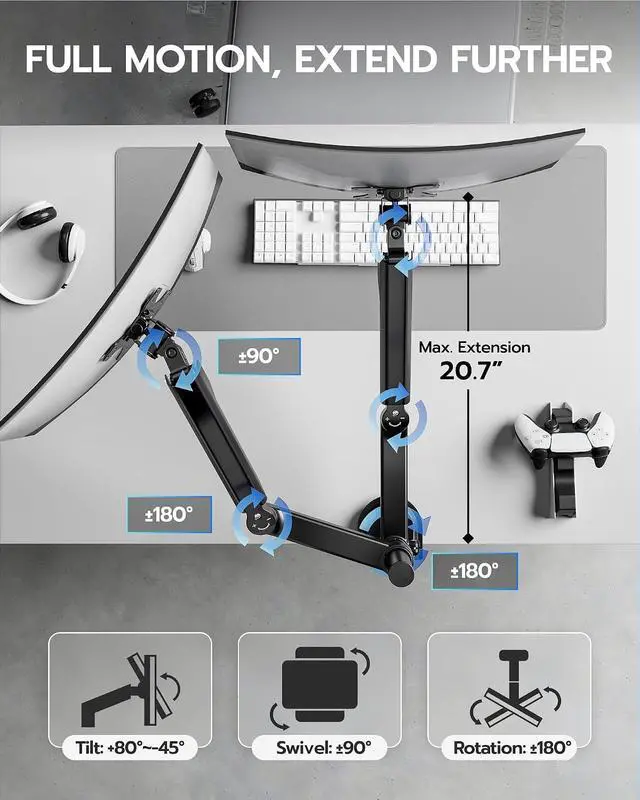 Alt view image 5 of 7 - Dual Monitor Mount - Ultrawide Monitor Arm for 40 34 32 27 Inch Heavy Duty Curved Screen Up to 26.4 lbs with Clamp/Grommet Desk Mount, 75/100 Vesa Mount, Black