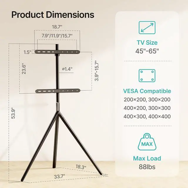 Alt view image 7 of 7 - Minimalist Easel TV Stand for 45-65 inch Screen up to 88 lbs, Swivel and Height Adjustable Tripod Stand for Insignia, Samsung, Roku TVs VESA Required Max 400 * 400 mm, Black