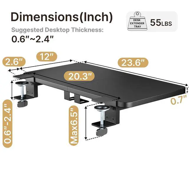 Alt view image 6 of 7 - Desk Extender Tray, 24" x 12", with Laptop Holder, Medium, Black | Desk Extension, Clamp on Desk Shelf, Clamp On Keyboard Tray for Office and Home, Workstation Organizer