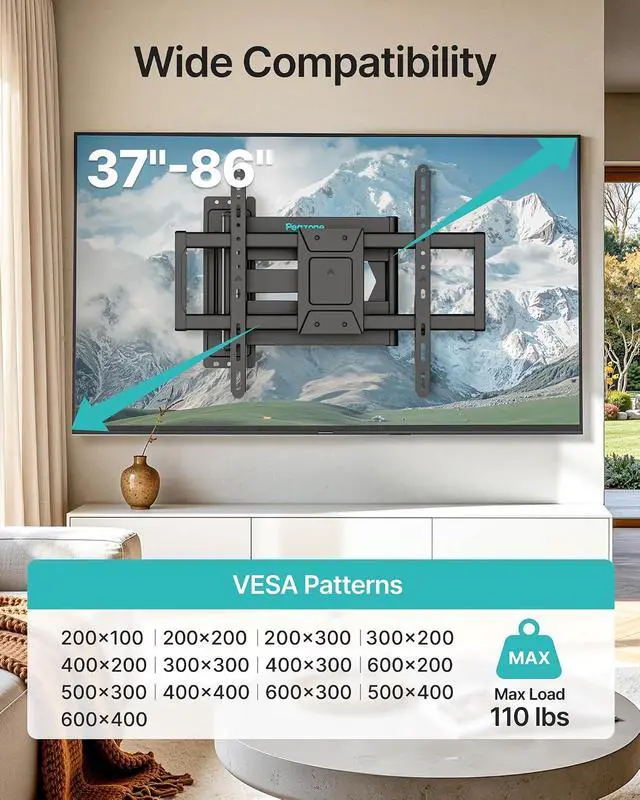 Alt view image 3 of 7 - Long Arm TV Wall Mount for 37-86 Inch TVs, 38 Inch Extra Long Extension TV Bracket, Swivel Tilt Full Motion TV Wall Mount Fit Max VESA 600 x 400mm, Heavy Duty Up to 110lbs, Single Stud