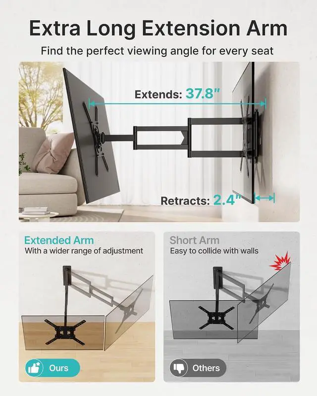 Alt view image 2 of 7 - Long Arm TV Wall Mount for 23-75 Inch TVs, 38 Inch Extra Long Extension TV Bracket, Swivel Tilt Full Motion TV Wall Mount Fit Max VESA 400 x 400mm, Heavy Duty Up to 110lbs, Single Stud