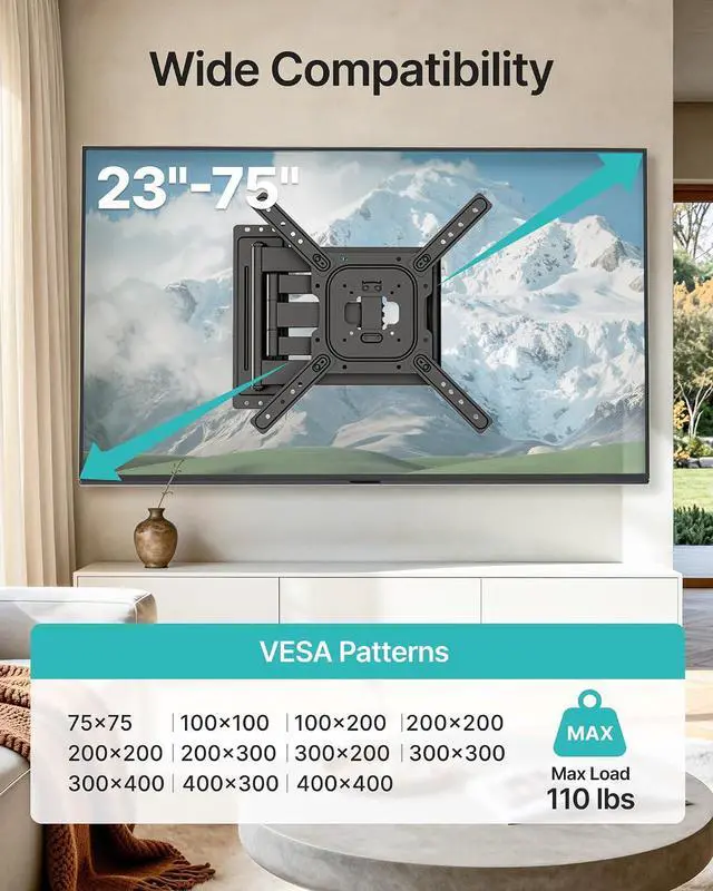 Alt view image 3 of 7 - Long Arm TV Wall Mount for 23-75 Inch TVs, 38 Inch Extra Long Extension TV Bracket, Swivel Tilt Full Motion TV Wall Mount Fit Max VESA 400 x 400mm, Heavy Duty Up to 110lbs, Single Stud