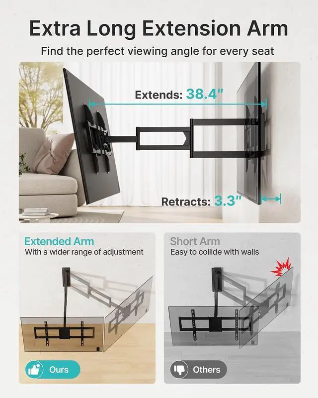 Alt view image 2 of 7 - Long Arm TV Wall Mount for 37-86 Inch TVs, 38 Inch Extra Long Extension TV Bracket, Swivel Tilt Full Motion TV Wall Mount Fit Max VESA 600 x 400mm, Heavy Duty Up to 110lbs, Single Stud