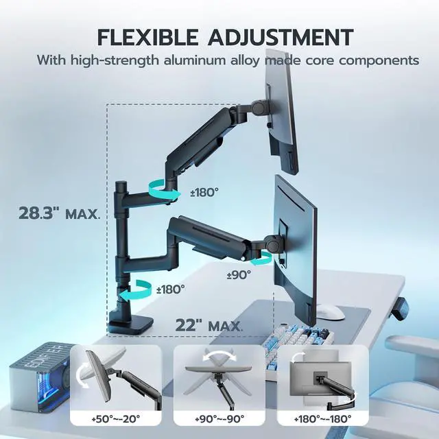 Alt view image 7 of 7 - Dual Monitor Mount for 17-49 Inch Ultrawide Heavy Duty Curved Screen, Computer Monitor Arm Desk Mount, Gas Spring Adjustable Vesa Stand