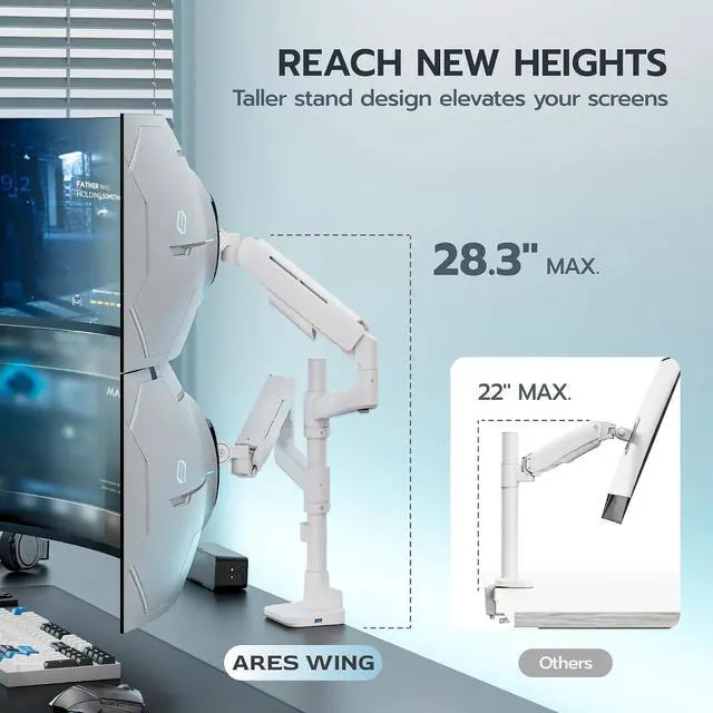 Alt view image 3 of 7 - Dual Monitor Mount for 17-49 Inch Ultrawide Heavy Duty Curved Screen Stacking, Computer Monitor Arm Desk Mount with USB, Gas Spring Adjustable Vesa Stand, White