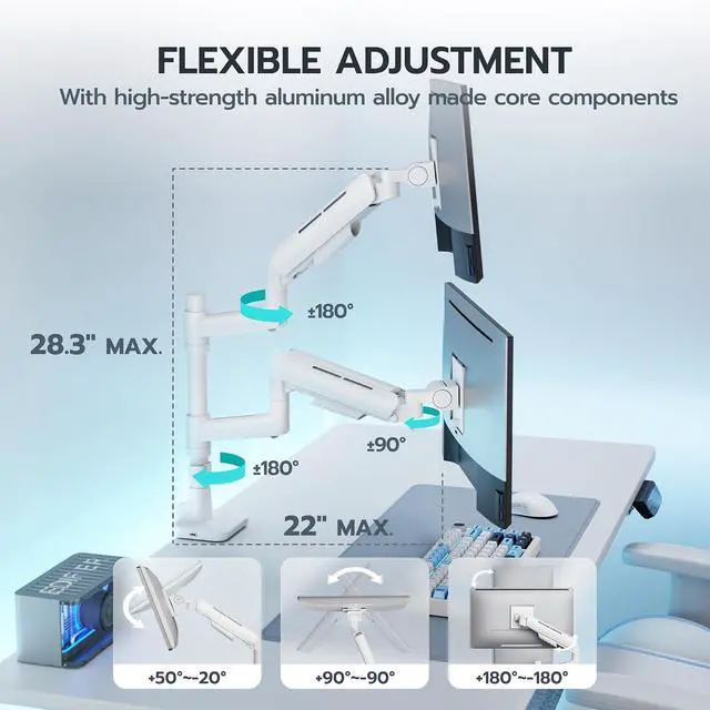 Alt view image 7 of 7 - Dual Monitor Mount for 17-49 Inch Ultrawide Heavy Duty Curved Screen Stacking, Computer Monitor Arm Desk Mount with USB, Gas Spring Adjustable Vesa Stand, White
