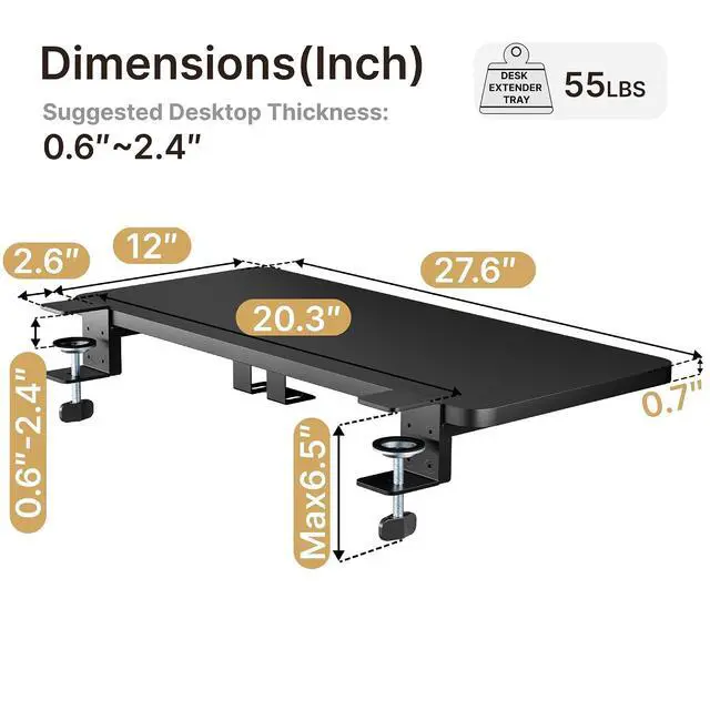 Alt view image 6 of 7 - Desk Extender Tray, 28" x 12", with Laptop Holder, Large, Black | Desk Extension, Clamp on Desk Shelf, Clamp On Keyboard Tray for Office and Home, Workstation Organizer