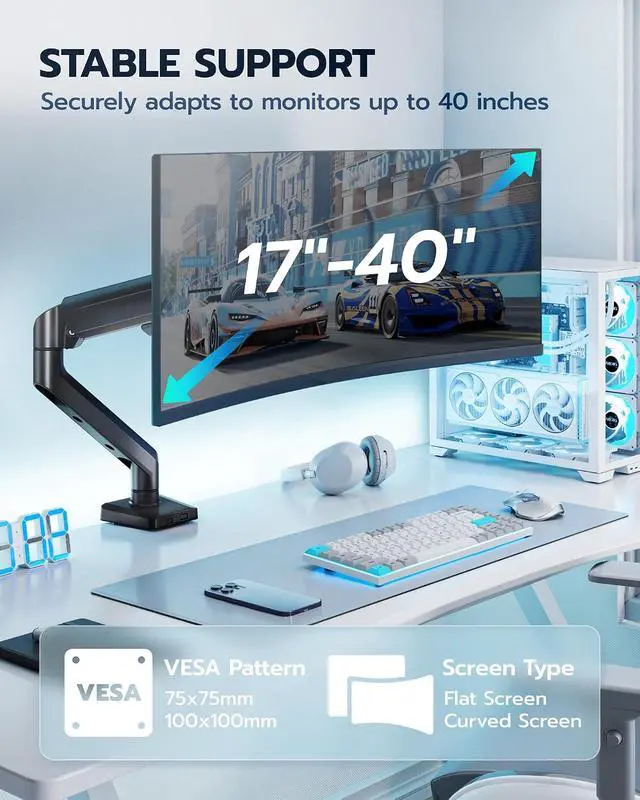 Alt view image 5 of 7 - Heavy Duty Single Monitor Arm - Fully Adjustable Monitor Mount for 17"-40" Ultrawide Screens up to 26.4 lbs with Clamp/Grommet Desk Mount, 75/100 Vesa Mount, Black