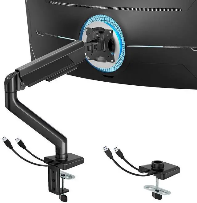 Main image of Heavy Duty Single Monitor Arm - Fully Adjustable Monitor Mount for 17"-40" Ultrawide Screens up to 26.4 lbs with Clamp/Grommet Desk Mount and USB A/C, 75/100 Vesa Mount, Black
