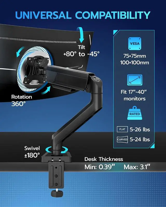 Alt view image 2 of 7 - Heavy Duty Single Monitor Arm - Fully Adjustable Monitor Mount for 17"-40" Ultrawide Screens up to 26.4 lbs with Clamp/Grommet Desk Mount and USB A/C, 75/100 Vesa Mount, Black