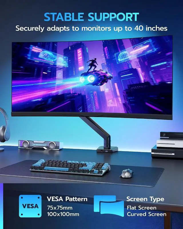 Alt view image 3 of 7 - Heavy Duty Single Monitor Arm - Fully Adjustable Monitor Mount for 17"-40" Ultrawide Screens up to 26.4 lbs with Clamp/Grommet Desk Mount and USB A/C, 75/100 Vesa Mount, Black