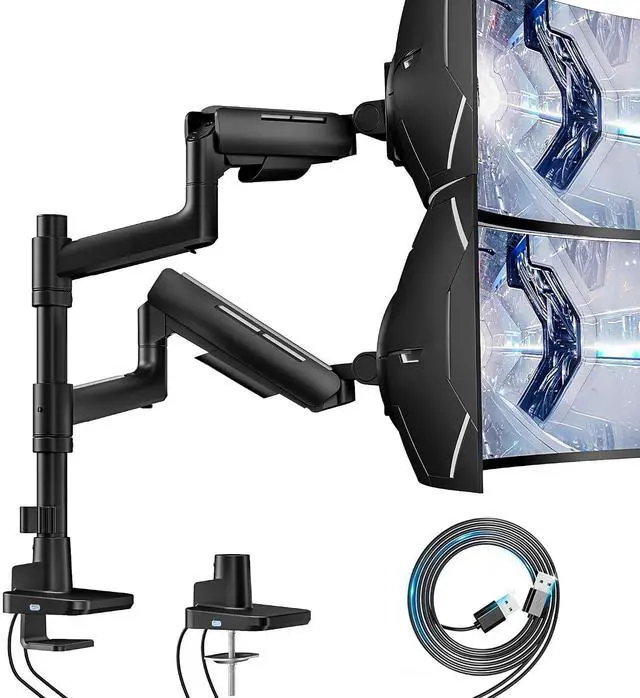 Main image of Dual Monitor Mount for 17-49 Inch Ultrawide Heavy Duty Curved Screen Stacking, Computer Monitor Arm Desk Mount with USB, Gas Spring Adjustable Vesa Stand, Black