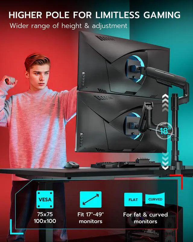 Alt view image 4 of 7 - Dual Monitor Mount for 17-49 Inch Ultrawide Heavy Duty Curved Screen Stacking, Computer Monitor Arm Desk Mount with USB, Gas Spring Adjustable Vesa Stand, Black