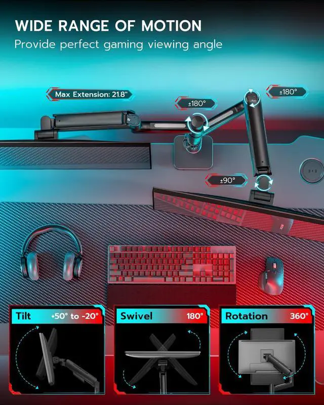 Alt view image 5 of 7 - Dual Monitor Mount for 17-49 Inch Ultrawide Heavy Duty Curved Screen Stacking, Computer Monitor Arm Desk Mount with USB, Gas Spring Adjustable Vesa Stand, Black