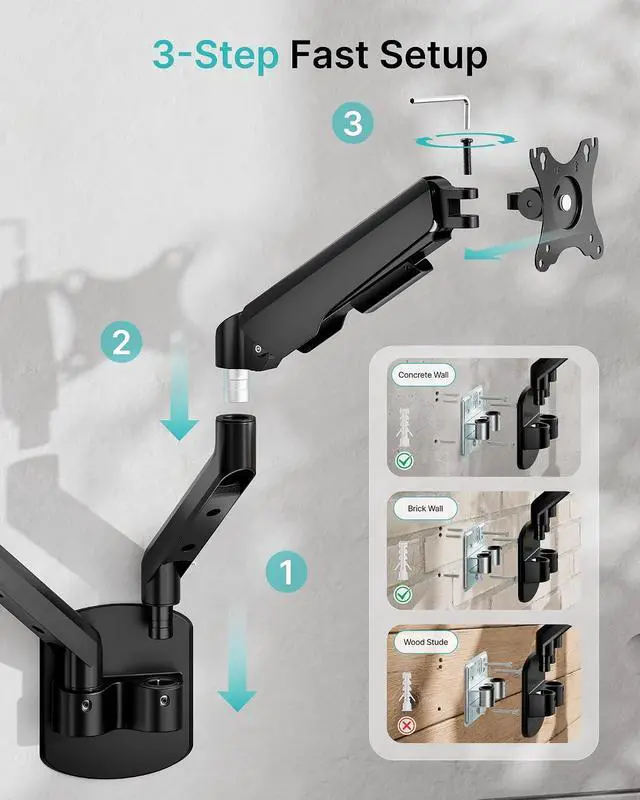 Alt view image 5 of 7 - Dual Monitor Wall Mount for 17-35 Inch Ultrawide Screen, Fully Adjustable Monitor Arm up to 26.4 lbs, VESA 75x75/100x100 Compatible, Space-Saving Wall Mount for Home Office & Gaming Black
