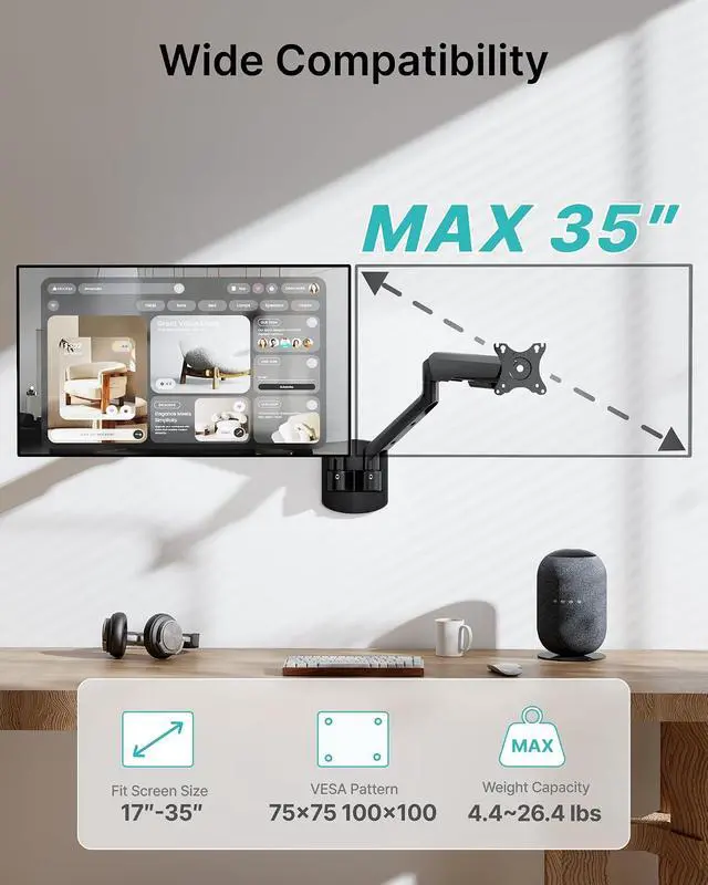 Alt view image 2 of 7 - Dual Monitor Wall Mount for 17-35 Inch Ultrawide Screen, Fully Adjustable Monitor Arm up to 26.4 lbs, VESA 75x75/100x100 Compatible, Space-Saving Wall Mount for Home Office & Gaming Black