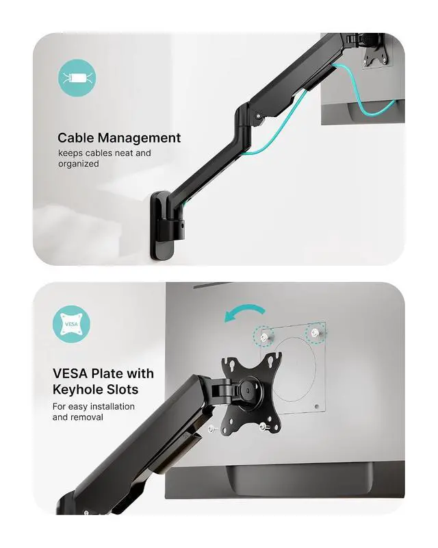 Alt view image 7 of 7 - Dual Monitor Wall Mount for 17-35 Inch Ultrawide Screen, Fully Adjustable Monitor Arm up to 26.4 lbs, VESA 75x75/100x100 Compatible, Space-Saving Wall Mount for Home Office & Gaming Black