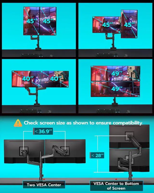 Alt view image 7 of 7 - Dual Monitor Mount for 17-49 Inch Ultrawide Heavy Duty Curved Screen Stacking, Computer Monitor Arm Desk Mount with USB, Gas Spring Adjustable Vesa Stand, Black