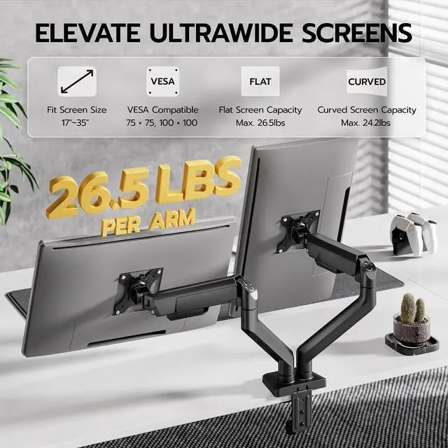 Alt view image 3 of 7 - Dual Monitor Mount, Heavy Duty Monitor Arms for 2 Monitors for 17-35 Inch, Fully Adjustable Monitor Desk Stand with USB A/C for Ultrawide Screen, VESA 75x75 or 100x100mm, Black
