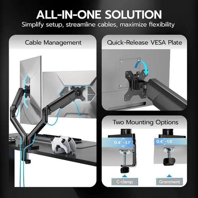 Alt view image 4 of 7 - Dual Monitor Mount, Heavy Duty Monitor Arms for 2 Monitors for 17-35 Inch, Fully Adjustable Monitor Desk Stand with USB A/C for Ultrawide Screen, VESA 75x75 or 100x100mm, Black