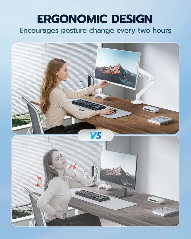 Alt view image 7 of 7 - Heavy Duty Single Monitor Arm - Fully Adjustable Monitor Mount for 17"-40" Ultrawide Screens up to 26.4 lbs with Clamp/Grommet Desk Mount, 75/100 Vesa Mount, White