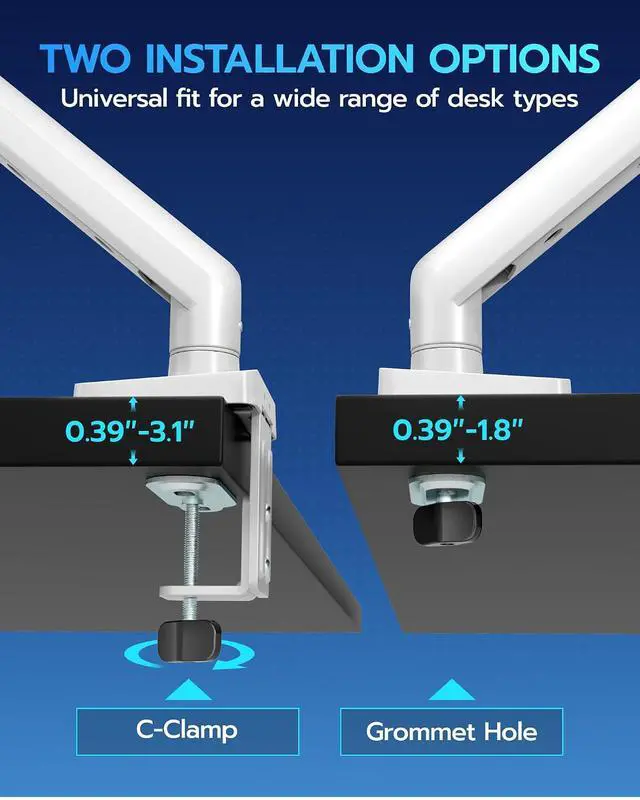 Alt view image 2 of 7 - Heavy Duty Single Monitor Arm - Fully Adjustable Monitor Mount for 17"-40" Ultrawide Screens up to 26.4 lbs with Clamp/Grommet Desk Mount and USB A/C, 75/100 Vesa Mount, White