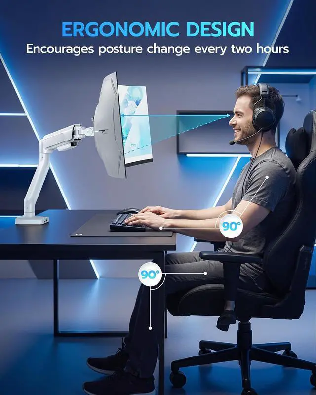 Alt view image 7 of 7 - Heavy Duty Single Monitor Arm - Fully Adjustable Monitor Mount for 17"-40" Ultrawide Screens up to 26.4 lbs with Clamp/Grommet Desk Mount and USB A/C, 75/100 Vesa Mount, White
