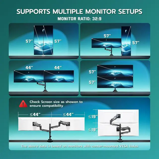 Alt view image 7 of 7 - Vertical Dual Monitor Mount - 24-57" Aluminum Heavy Duty Monitor Arms for 2 Monitors, Fully Adjustable Gas Spring Stacked Monitor Stand with 75/100/200 Vesa Mount, Black