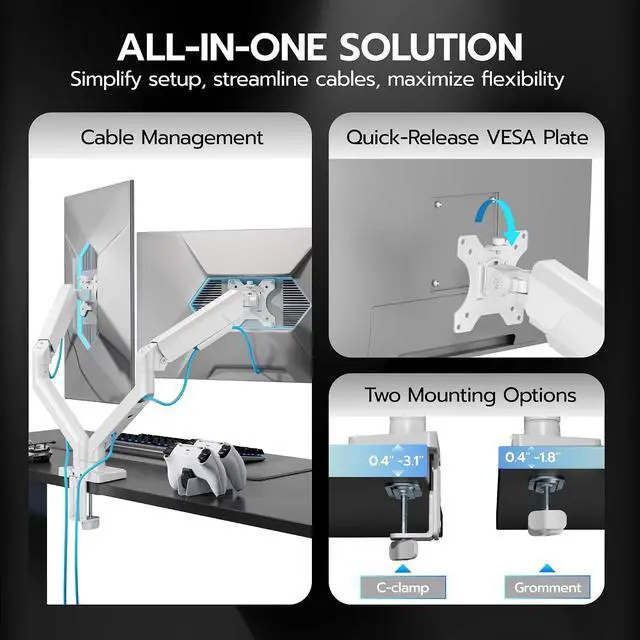 Alt view image 4 of 7 - Dual Monitor Mount, Heavy Duty Monitor Arms for 2 Monitors for 17-35 Inch, Fully Adjustable Monitor Desk Stand with USB A/C for Ultrawide Screen, VESA 75x75 or 100x100mm, White