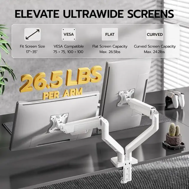 Alt view image 3 of 7 - Dual Monitor Mount, Heavy Duty Monitor Arms for 2 Monitors for 17-35 Inch, Fully Adjustable Monitor Desk Stand with USB A/C for Ultrawide Screen, VESA 75x75 or 100x100mm, White