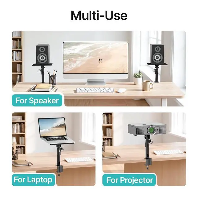 Alt view image 6 of 7 - Adjustable Clamp-on Speaker Stand Pair, Height Tilt Swivel Adjustable Desktop Speaker Mounts, Heavy Duty Universal Monitor Speaker Stands for Home Office Studio Bookshelf Speakers,Black