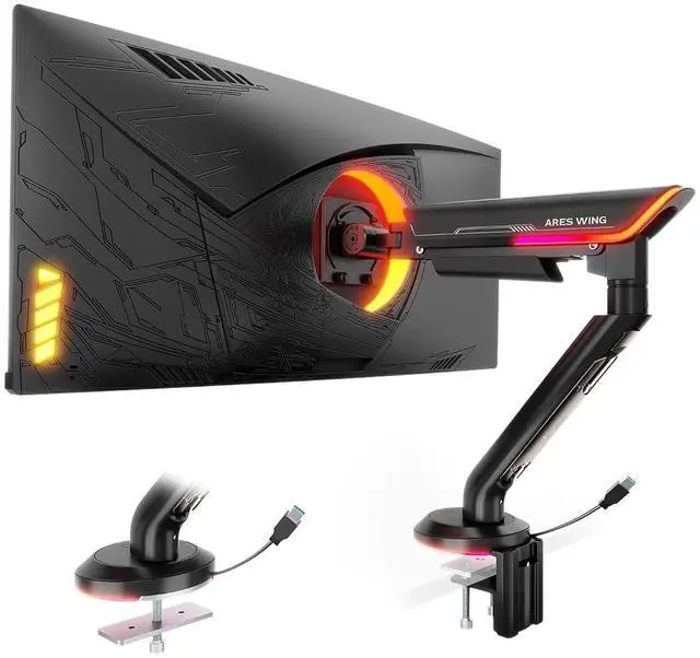 Main image of Single Monitor Mount with RGB, Heavy-Duty Gaming Monitor Arm fits for 24"-57" Ultrawide Screen, Adjustable Computer Monitor Stand Holds Up to 60LBS with VESA Mount, Clamp & Grommet, Black