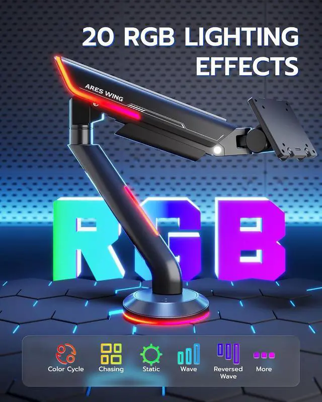 Alt view image 2 of 7 - Single Monitor Mount with RGB, Heavy-Duty Gaming Monitor Arm fits for 24"-57" Ultrawide Screen, Adjustable Computer Monitor Stand Holds Up to 60LBS with VESA Mount, Clamp & Grommet, Black