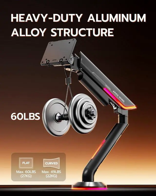 Alt view image 4 of 7 - Single Monitor Mount with RGB, Heavy-Duty Gaming Monitor Arm fits for 24"-57" Ultrawide Screen, Adjustable Computer Monitor Stand Holds Up to 60LBS with VESA Mount, Clamp & Grommet, Black