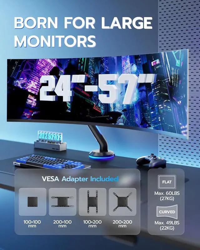 Alt view image 3 of 7 - Single Monitor Mount with RGB, Heavy-Duty Gaming Monitor Arm fits for 24"-57" Ultrawide Screen, Adjustable Computer Monitor Stand Holds Up to 60LBS with VESA Mount, Clamp & Grommet, Black