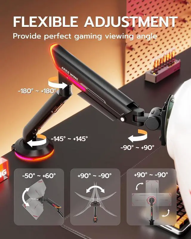 Alt view image 5 of 7 - Single Monitor Mount with RGB, Heavy-Duty Gaming Monitor Arm fits for 24"-57" Ultrawide Screen, Adjustable Computer Monitor Stand Holds Up to 60LBS with VESA Mount, Clamp & Grommet, Black