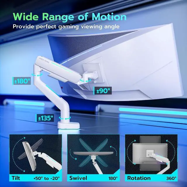 Alt view image 4 of 7 - Ultrawide Monitor arm for 17-49'' Heavy Duty Screen up to 44lbs, Gas Spring Single Monitor Arm with RGB Light, Adjustable Gaming Computer Monitor Arm for Desk, White