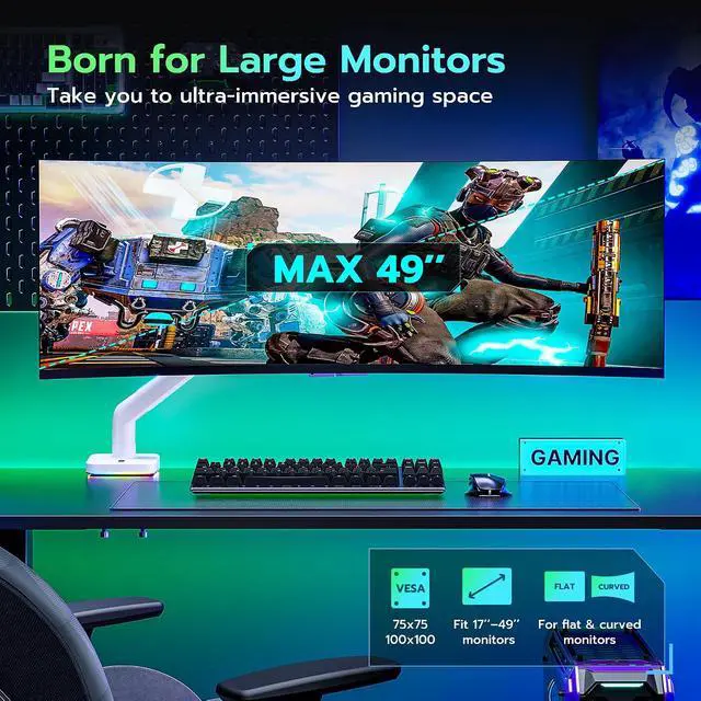Alt view image 3 of 7 - Ultrawide Monitor arm for 17-49'' Heavy Duty Screen up to 44lbs, Gas Spring Single Monitor Arm with RGB Light, Adjustable Gaming Computer Monitor Arm for Desk, White