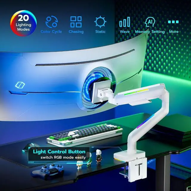 Alt view image 5 of 7 - Ultrawide Monitor arm for 17-49'' Heavy Duty Screen up to 44lbs, Gas Spring Single Monitor Arm with RGB Light, Adjustable Gaming Computer Monitor Arm for Desk, White