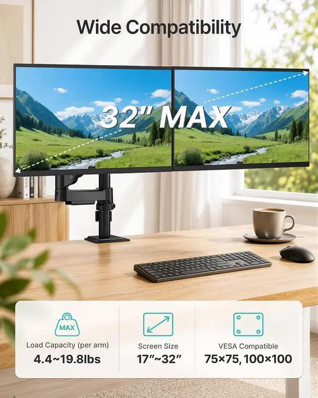 Alt view image 2 of 7 - Dual Monitor Stand for 17-32 Inch Screens, Gas Spring Dual Monitor Mount with Clamp/Grommet Base, Ergonomic Full Motion Arms Support up to 19.8 lbs, with Cable Management