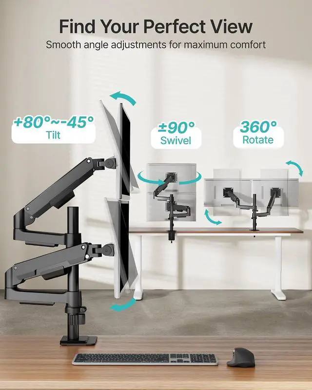 Alt view image 3 of 7 - Dual Monitor Stand for 17-32 Inch Screens, Gas Spring Dual Monitor Mount with Clamp/Grommet Base, Ergonomic Full Motion Arms Support up to 19.8 lbs, with Cable Management